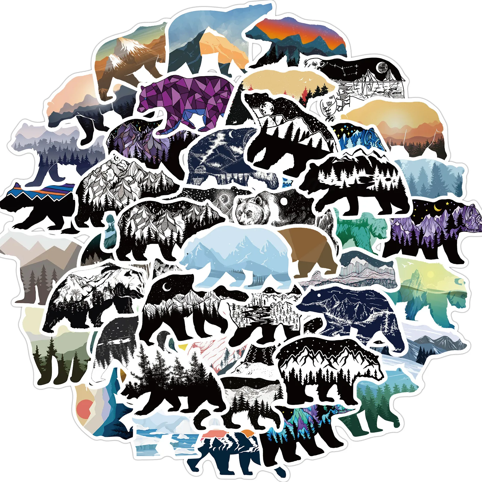 50Pcs Montagne et Ours Animaux Autocollants Non-aléatoire Voiture Vélo Bagages Autocollant Ordinateur Portable Skateboard Moteur Bouteille D'eau Snowboard Sticker Enfants Cadeaux