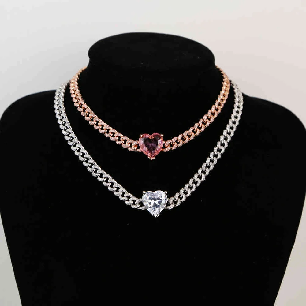 32 + 10 cm Iced Out Cuban Naszyjnik Łańcuch Hip Hop Biżuteria Choker Silver Color Heart Rhinestone CZ Zapięcie dla rapera Nowe naszyjniki X0509