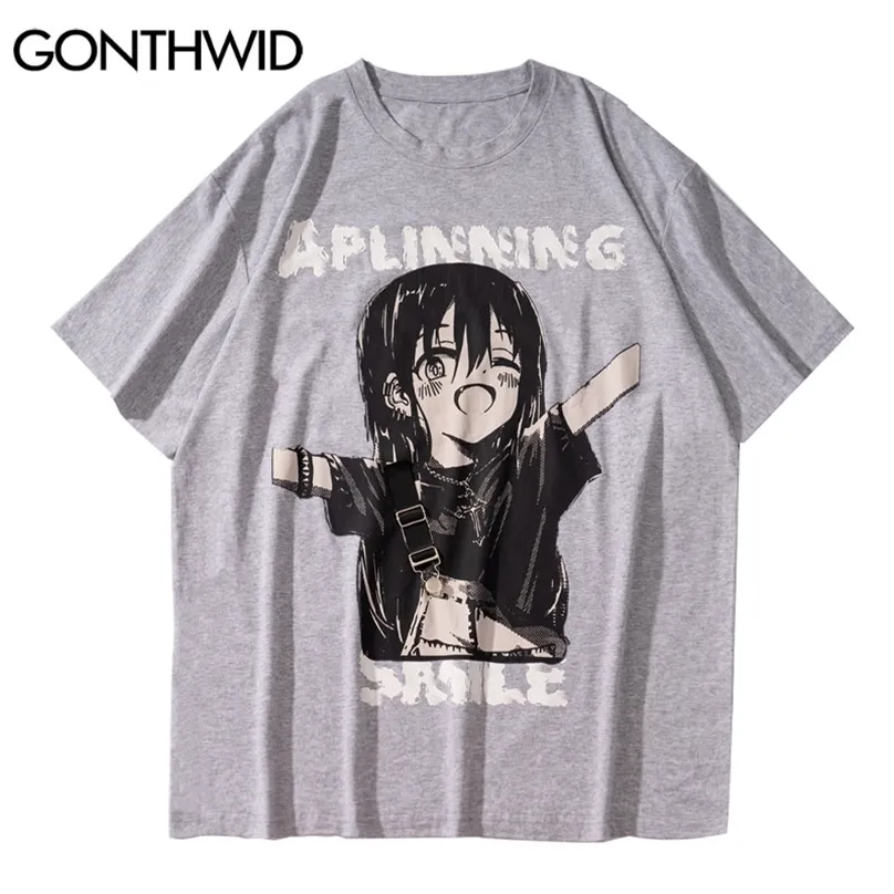 Tshirts hajuku japanska tecknad anime tjej print tees shirts hip hop streetwear casual bomull kortärmad toppar 210602