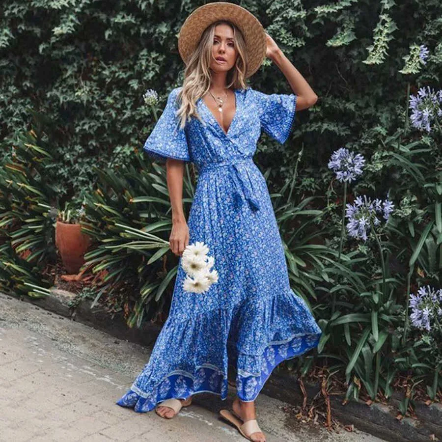 Teelynn Maxi Jurken voor Dames Rayon Blue Floral Print Sexy Deep V-NCEK Boho Zomerjurken Losse Hippie Lange Drvestidos X0621