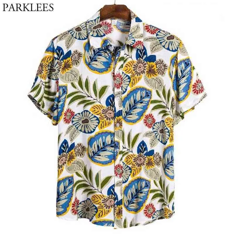 Camisa de Praia Havaiana Floral Amarelo Camisa Homens Verão Manga Curta Tropical Aloha Camisas Casuais Feriado Vestuário 3xL 210522