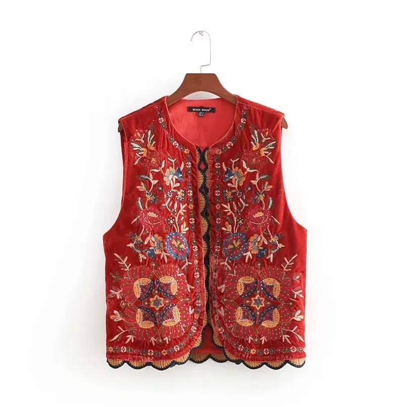 Kvinnor Vintage Sequins Flower Broderi Vest Jacket Ladies Retro National Style Patchwork Casual Velvet Waistcoat CT154 210819