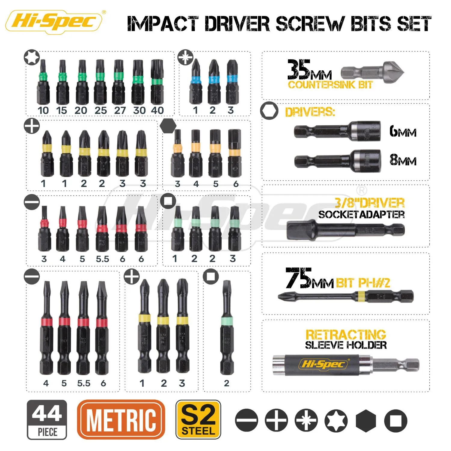 Hi-Spec Premium 44PC Impact Driver Borr Bele S2 Skruvmejsel Bit Set Power Tool Acessories Hushållsapparater Reparera Hand Tools Kit