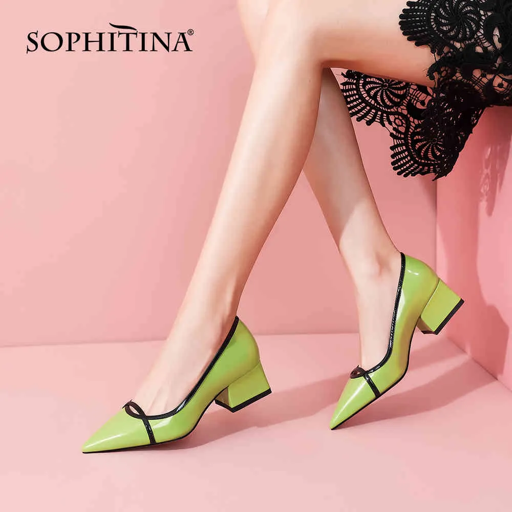 Sophitina Pompy Womna Patchwork Zielony Wąski Zespół Płytkie Spiczaste Toe High Square Heel Offcie Lady Buty PB37 210513