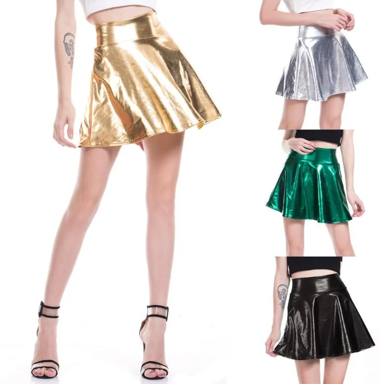 Damen-Metallic-Rock, glänzend, Party, ausgestelltes Plissee-Minikleid, Skater-Röcke, Bühnenkleidung, über dem Knie, S-XXL, Gold, Silber, Grün, Rosa