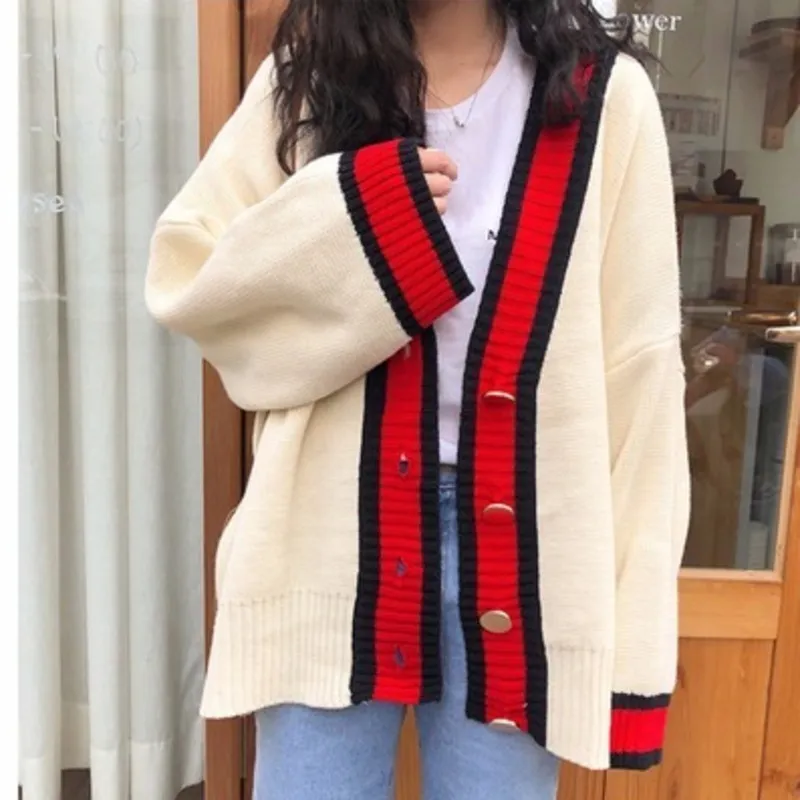 Kvinnor Höst V Neck Patchwork Cardigan Sweater Coat Vit Lös plusstorlek Långärmad Pull Femme Jersey Stickade Toppar V191130