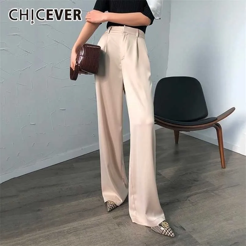 CHICEVER Summer Casual Solid Pants For Women High Waist Zipper Pocket Big Large Size Long Wide Leg Pants Fashion Clothing 211216