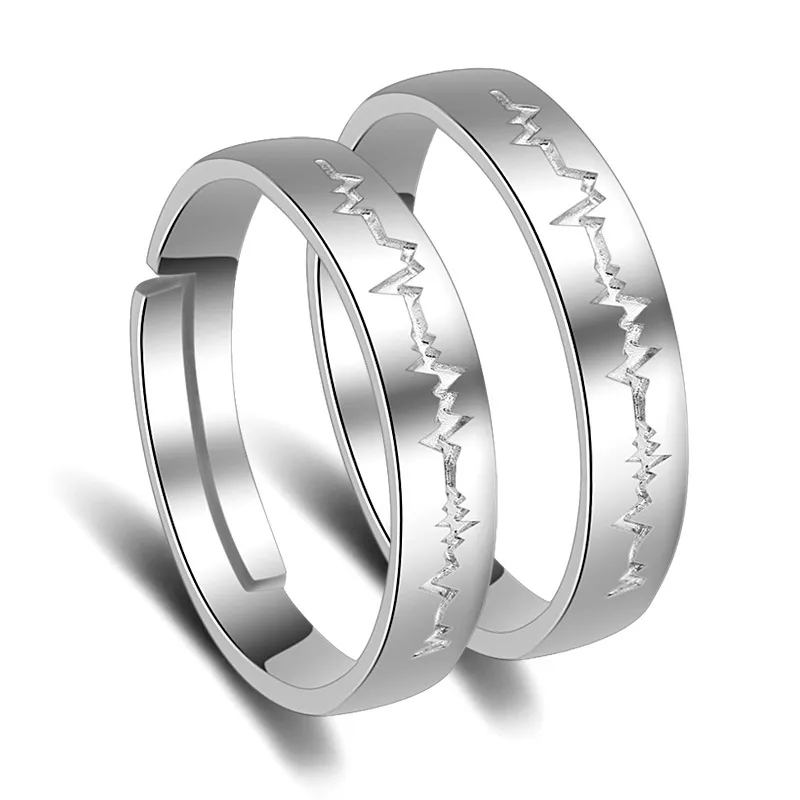 Anel de batimento cardíaco, prata, aberto, ajustável, anéis de casal para mulheres, homens, noivado, casamento, joias da moda, vontade e areia