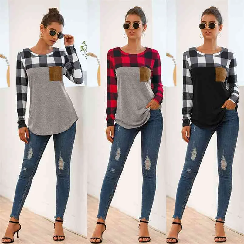 Crewneck Plaid Stitching Langarm-Taschen-T-Shirt Herbst Winter Top Base Coat Mode Lässiger britischer Stil Pullover 210522