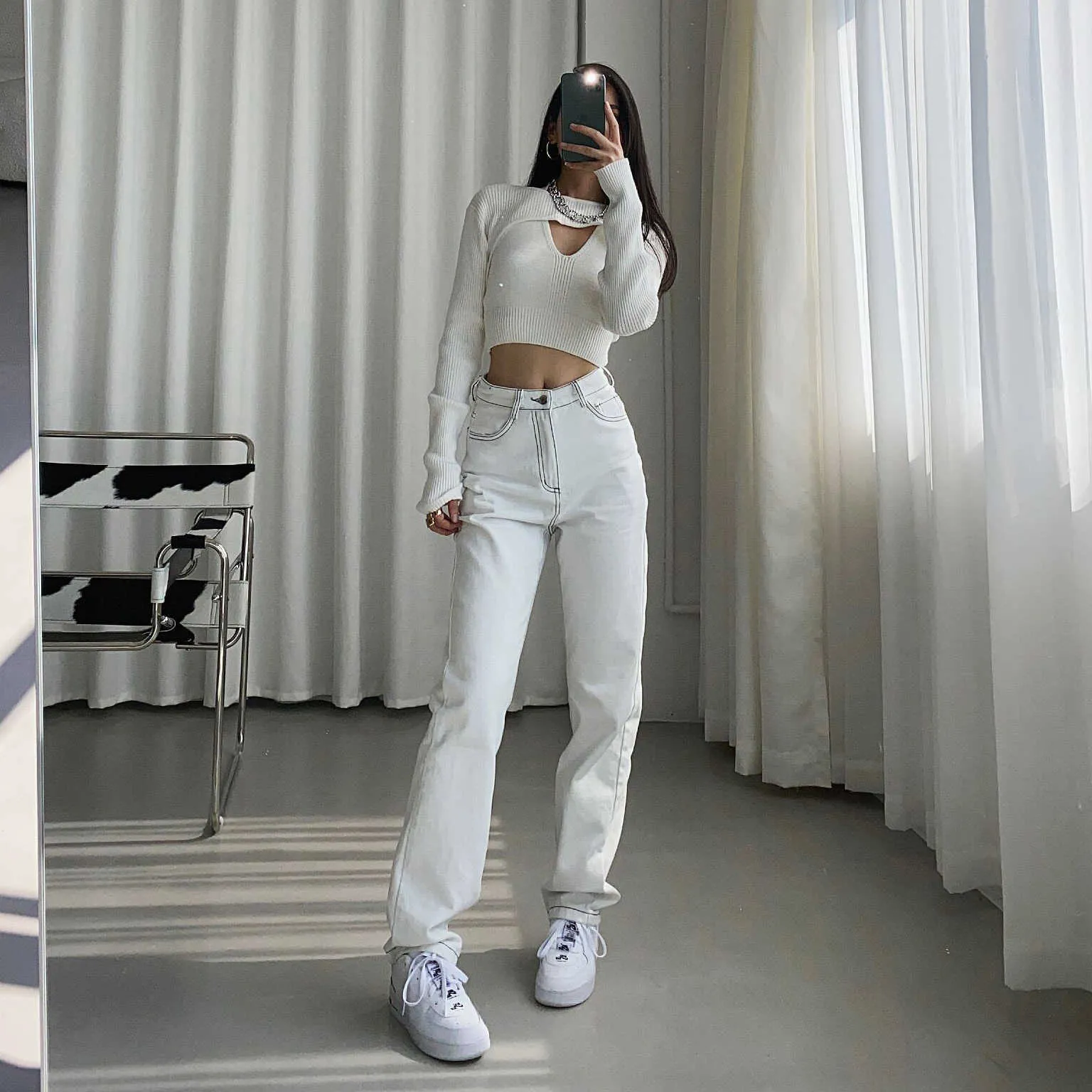 Outfit Ladies White Jeans Straight Leg Korean Fashion White Jeans For Women  High Waist Long Streetwear Trousers Straight Leg Pants Denim Ladies Baggy 
