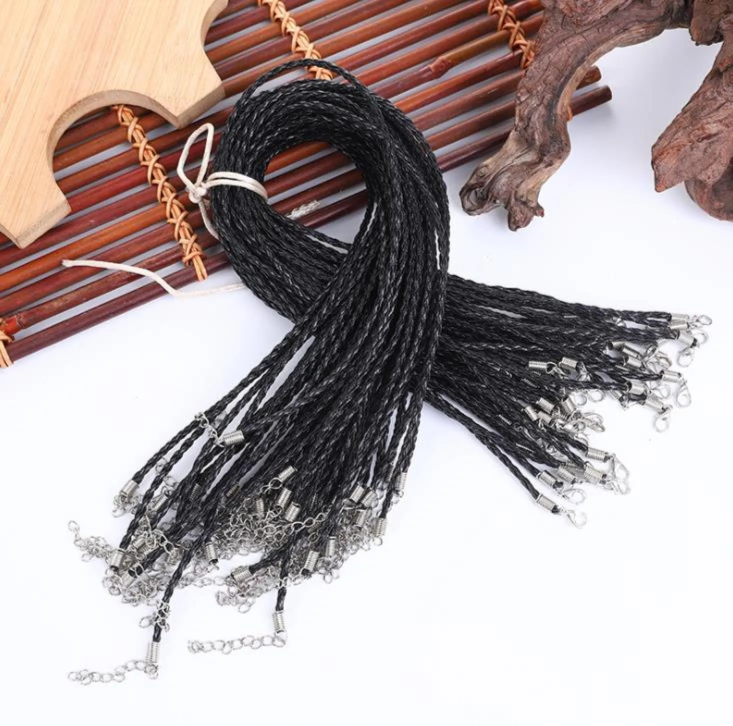 Faux Leather Round Necklace Cord , Adjustable Black Necklace 3.0Mm , Braided Leather Cord Necklace 19Inch With Lobster Clasp For Diy