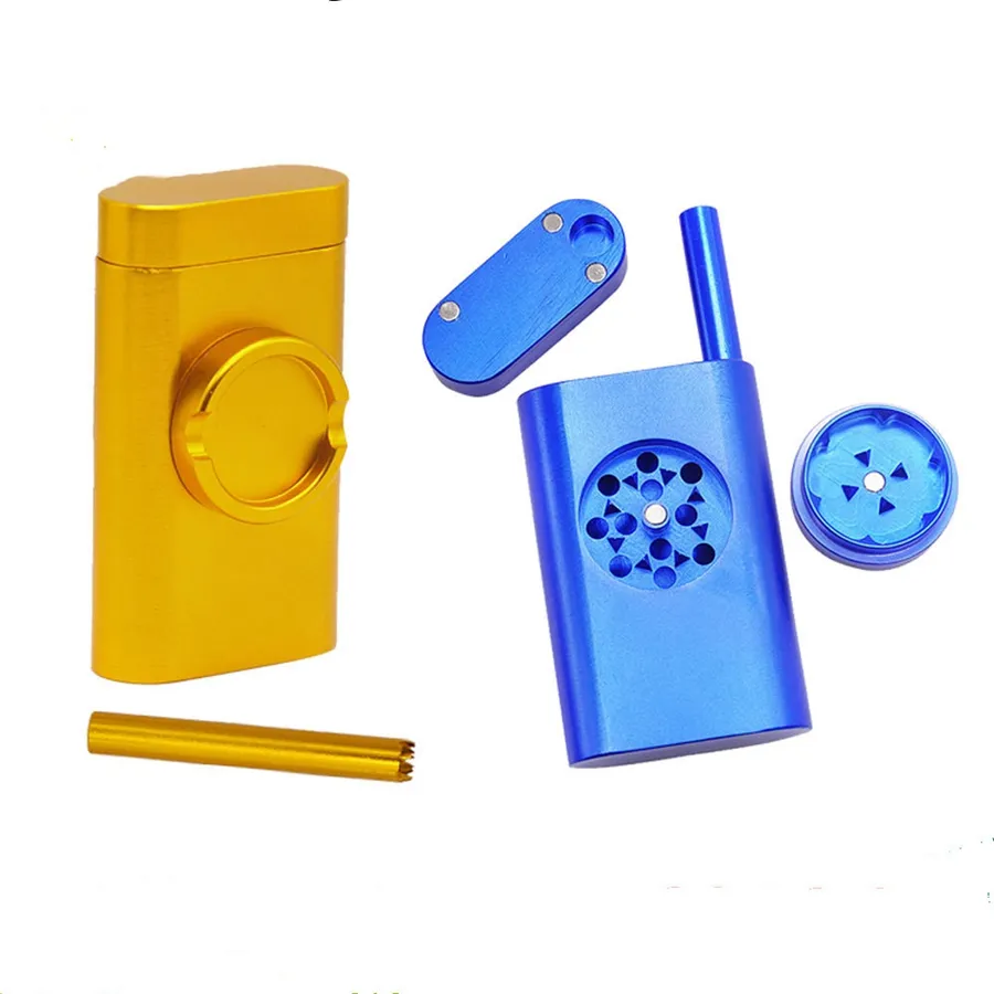 DHL Accessori per smerigliatura in alluminio Custodia Pinch Hitter Contenitore Piroga Asta Poker con ripostiglio per tabacco + Grinder + Tubi Tutto in uno 5 colori