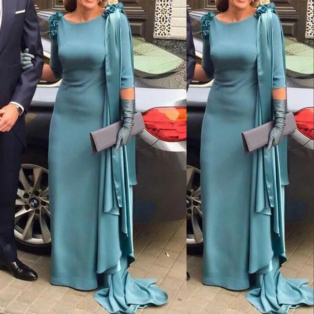 2021 blaugrüne Abendkleider mit Dreiviertelärmeln, drapiert, für Damen, formales langes Kleid für die Brautmutter, Vestido de Fiesta de Noche mit Blumen