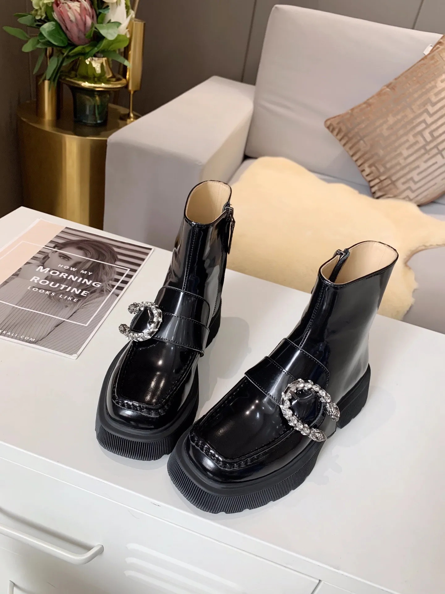 Interlocking Black Chunky Platform Flats Combat Boots Low Heel Lace Up