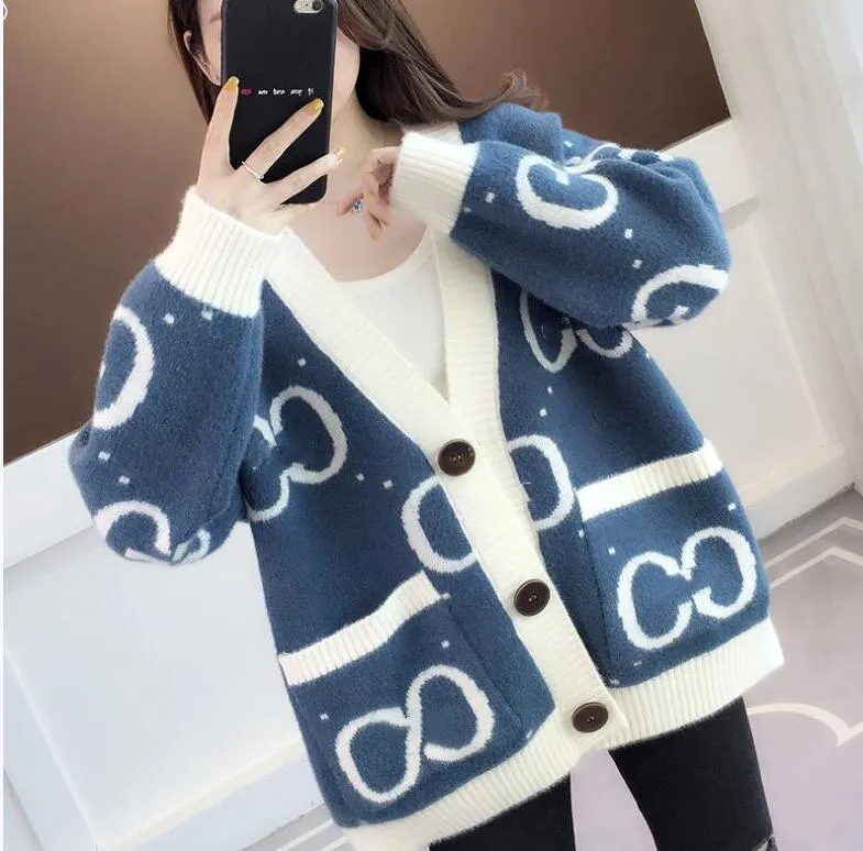 Suéteres de mujer Diseñador de marca coreana Letras bordado Imprimir Cardigan Suéter con cuello en V Manga larga Dulce