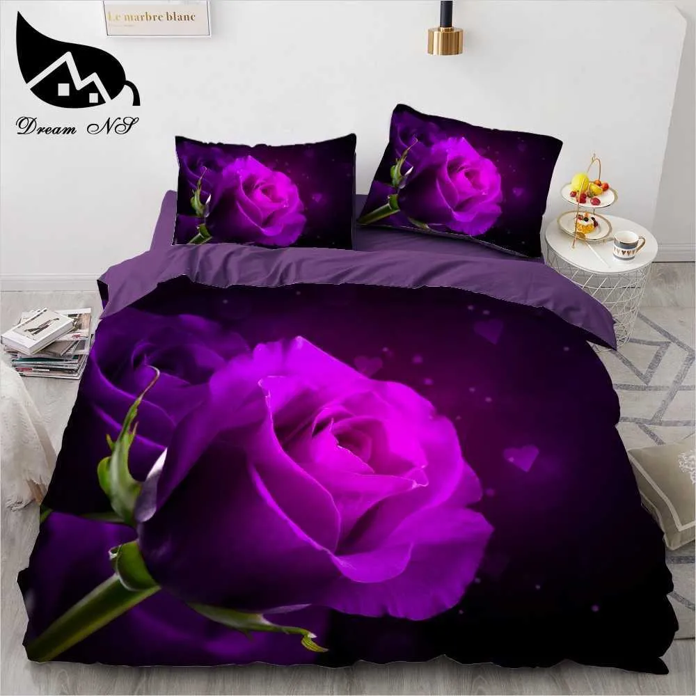 Droom NS Koop Nieuwe 3D Beddengoed Sets Reactieve Print Paars Rose Bloemen Patroon Dekbedovertrek Bed juego de cama H0913