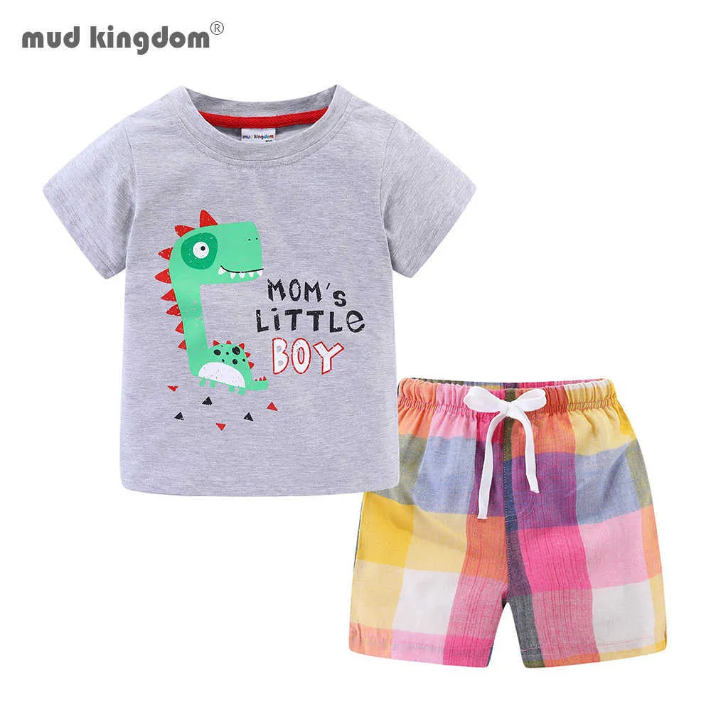 Mudkingdom Sommarplädd Kort uppsättning för pojkar Strandferie Outfits Dinosaur Söt T-shirt och Drawstring Kids Kläder Suit 210615