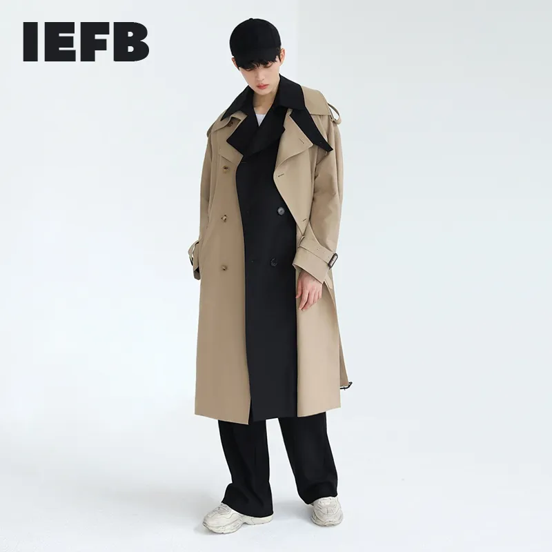 IEFB / abbigliamento da uomo Finto trench in due pezzi di media lunghezza coreano alla moda giacca a vento sopra il ginocchio primavera cappotto lungo allentato 9Y4089 210524