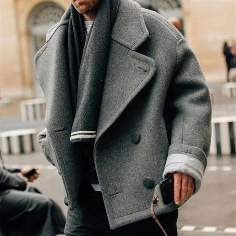 Veste de laine d'hiver Hommes Casual Slim Fit Trench Pardessus épais manteau de laine chaude coupe-vent couleur unie mâle veste d'extérieur 211122