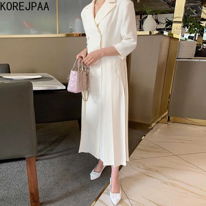Korejpaa Frauen Kleid Sommer Koreanische schicke Damen Französisch Eleganter Temperament Revers Zweireiher Taille Anzug Falten Vestidos 210526