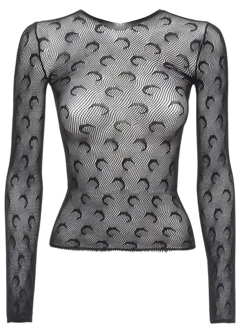 Moon Printed Transparent Mesh T Shirts Sexy Women O-neck Long Sleeve Slim Basic Casual Female Tops Spring