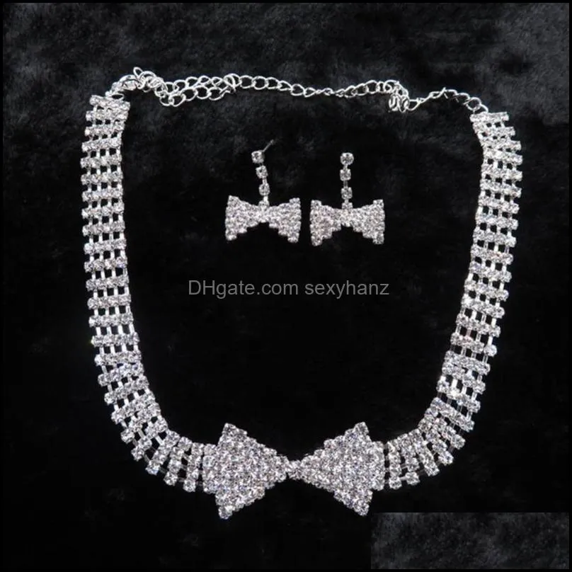 Earrings & Necklace 2021 Women Shiny Rhinestone Bowknot Clip/Stud Bridal Wedding Jewelry Set Crystal Gift