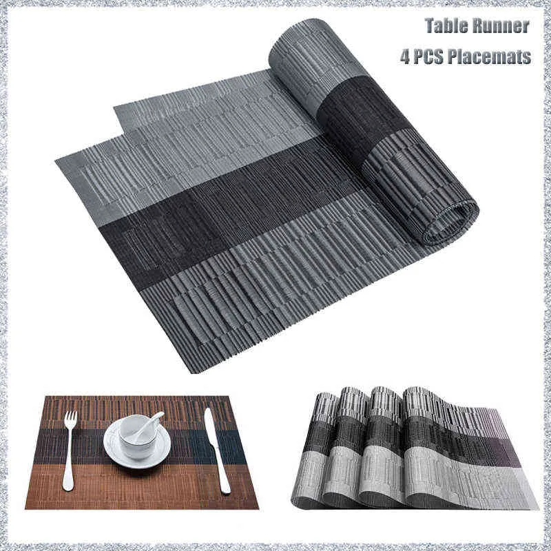 Grey Black Table Runner for Dining Non-slip Pad Waterproof Mat PVC Runners Set of 4 Placemats Decor 30x180cm 211117