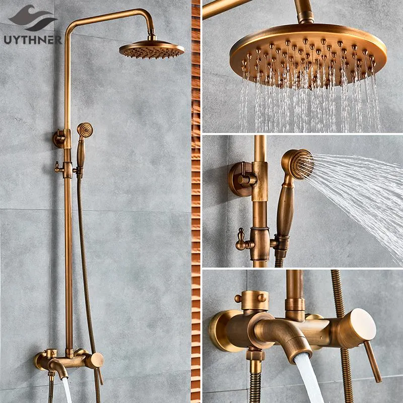 Antique Bronze Banheiro Conjunto de Chuveiro Faucet Bath Mixer Tap 8 "RainTub Head Banheira De Parede Montado Conjuntos