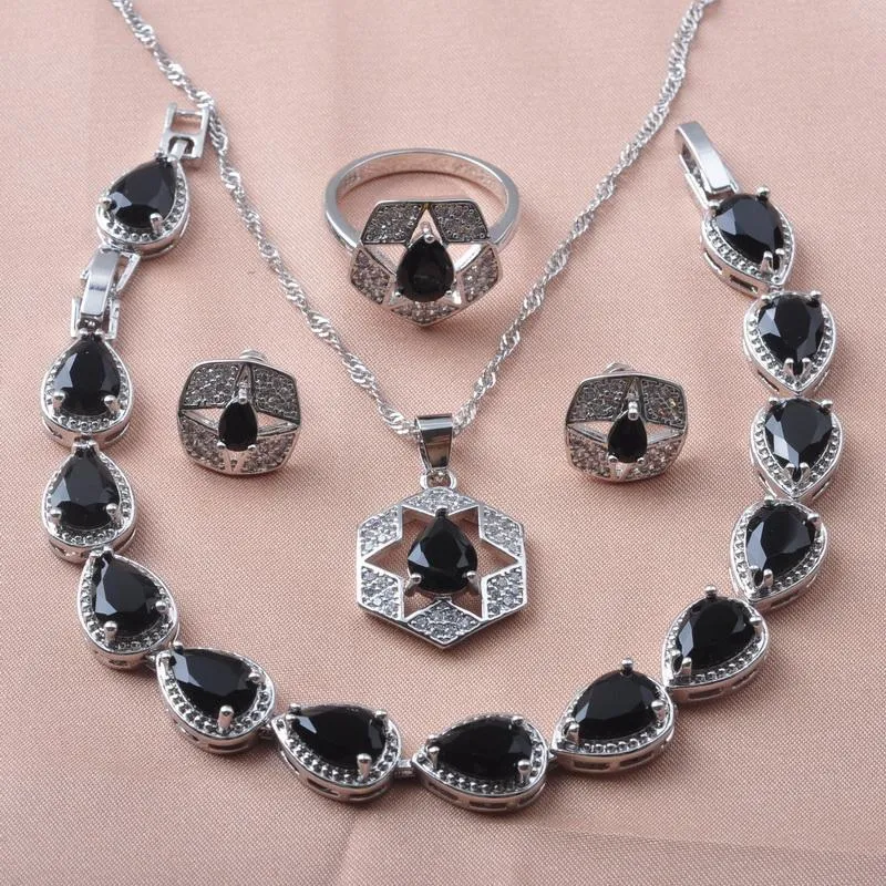 Oorbellen ketting st verzilverd sieraden sets voor vrouwen bruiloft zwarte zirconia ringen armband verjaardag geschenken yz0641