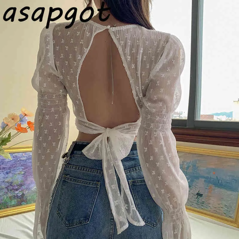 Sexy Slim Short White Backless Shirts Tops Black V Neck Flare Sleeve Mesh Blouse Women Summer Chic Blusas De Mujer Lace Up 210429