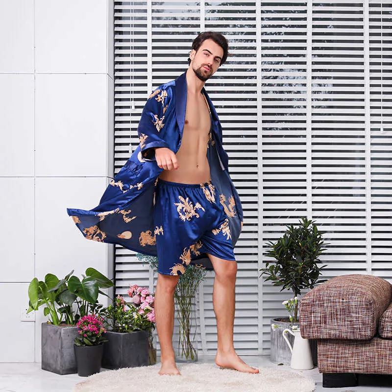 Mężczyźni Rob Set Kimono Sleepwear Szata Elastyczny Paski Dwuczęściowy Garnitur Chiński Smoki Jedwab Męskie Piżama Szata Z Szoratami Mężczyzn Koszulki Nocne 210609
