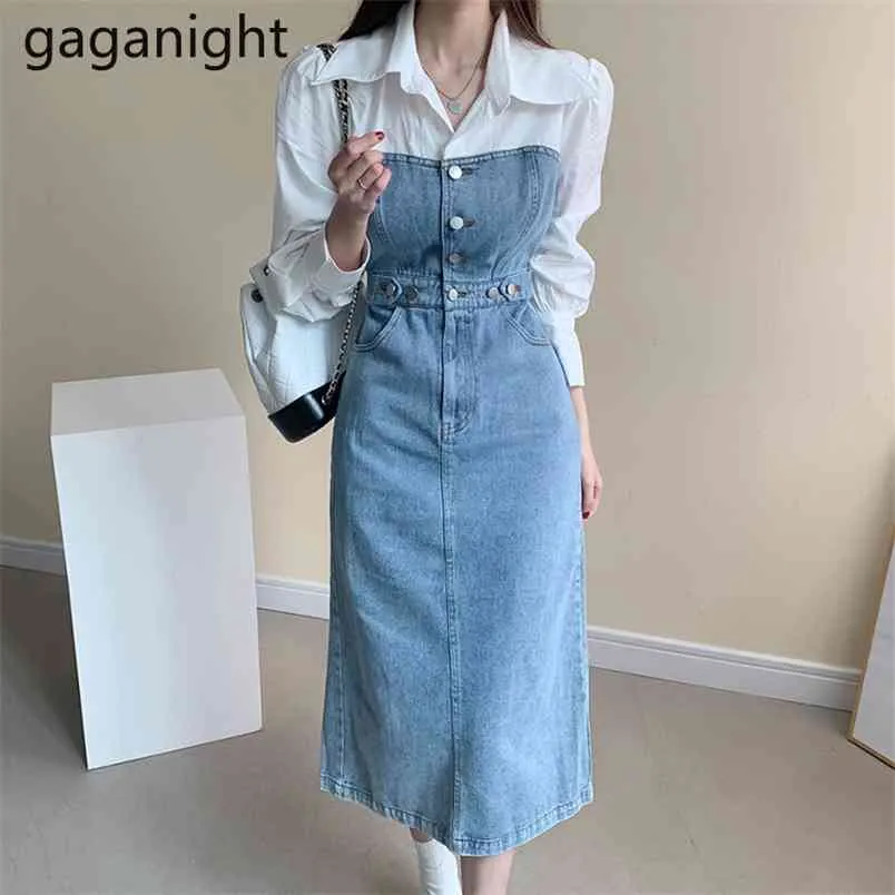 Kadın Yüksek Bel Sahte İki Parçalı Denim Elbise Kadın İlkbahar Sonbahar Uzun Kollu Maxi Elbiseler OL Patchwork Gömlek Vestido 210601