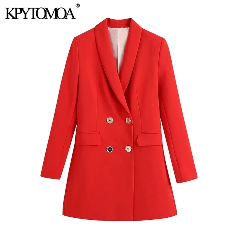 KPYTOMOA Women Fashion Office Wear Double Breasted Blazer Coat Vintage Long Sleeve Flap Pockets Female Outerwear Chic Veste 211122
