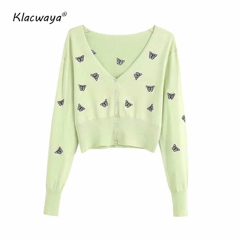 Women Fashion Butterfly Embroidery Cropped Knitted Cardigan Single Breasted V-Neck Long Sleeve Sweet Sweaters Chic Tops 210521