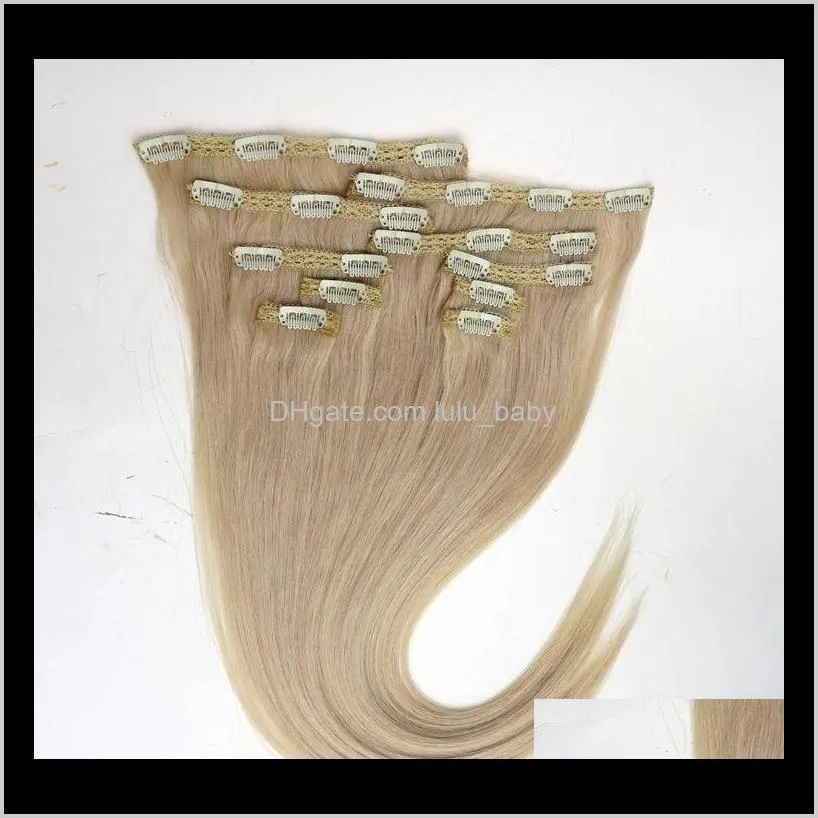 120g 10pcs/1set clip in hair extensions 18 20 22inch 613#/bleach blonde straight remy human hair extensions
