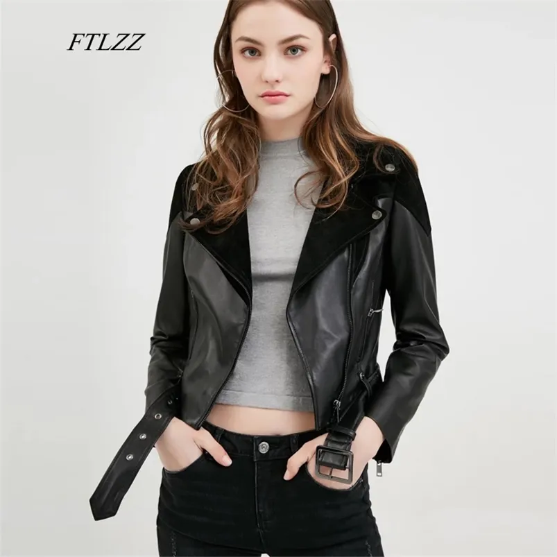 Pu Faux cuir souple femmes court daim veste manteau moto Rivet fermeture éclair noir Punk basique vestes vêtements d'extérieur avec ceinture 210430