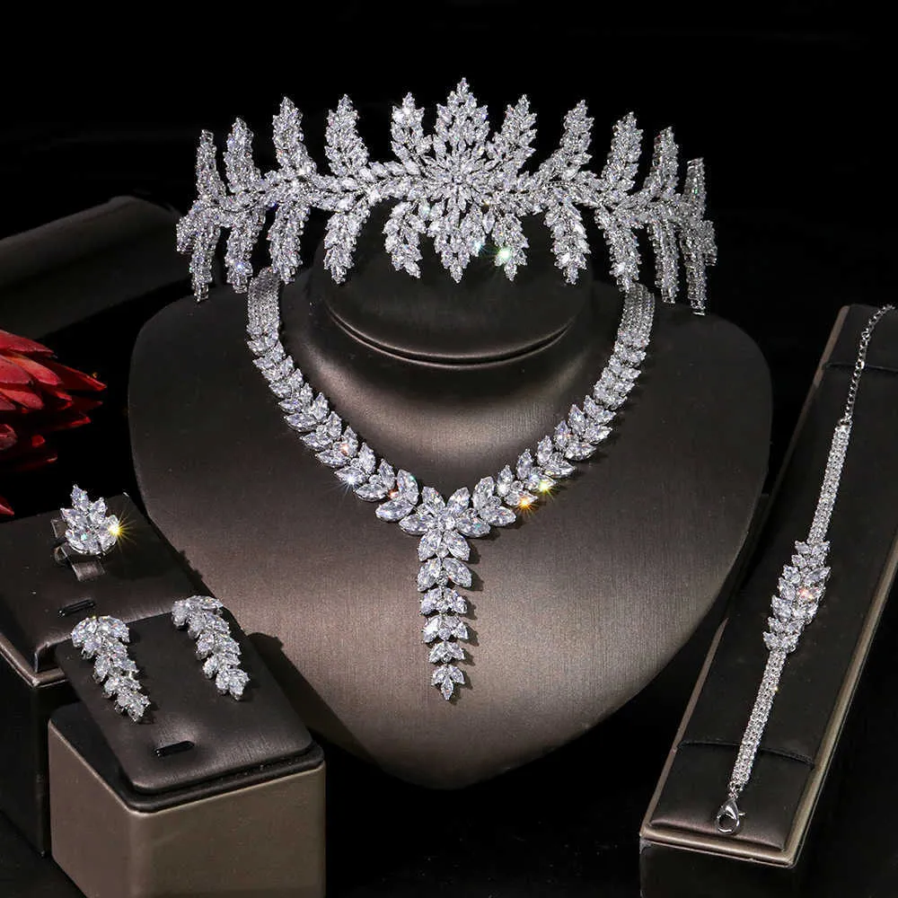 Asnora Nowy Luksusowy Cyrkon Zestaw Naszyjnik Kolczyk Bransoletka Czterokiełki Crown Ladies Wedding Jewelry Set Panie Biżuteria T0854 H1022