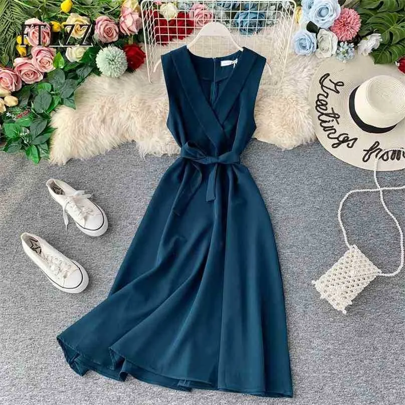 Frauen V-Ausschnitt Kleid Sommer ärmellose Umlegekragen Bandage Kleider Damen elegante Strand tragen lange Robe Vestidos 210525