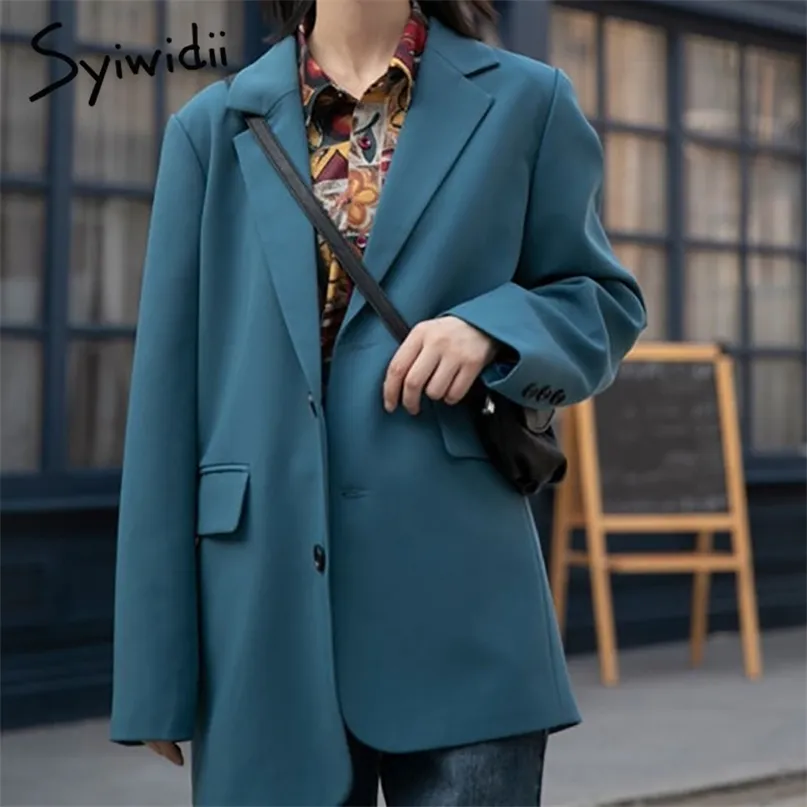 Syiwidii Suit Blazers Women Fall Winter Office Lady Jacket Long Sleeve Notched Blue Black Coats Single Breasted Outwear 211019