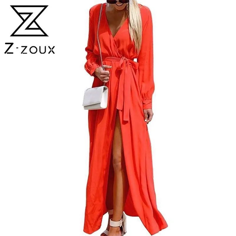 Mulheres Vestido V Neck Bohemia Sexy Manga Longa Lace Up Split Maxi Es Moda Vermelho Primavera Verão 210513