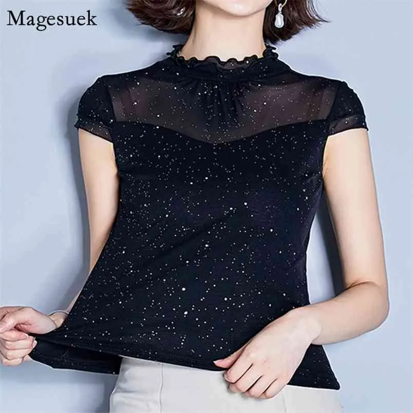 Short Sleeve Summer Woman Tshirts Ruffles Sequin Solid Shirt Women Office Ladies Casual Femme ops Clothing 4412 210512