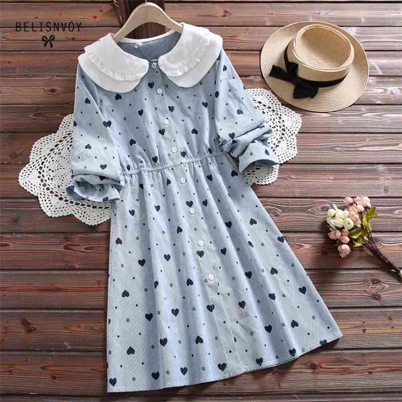 Mori Girl Herfst Vrouwen Jurken Hart Gedrukt Peter Pan Collar Vestidos Elegante Vintage Corduroy Preppy Stijl Kawaii Jurk 210520