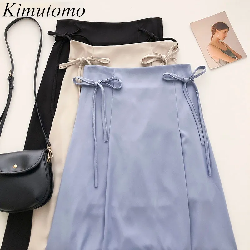 Kimutomo Chic Bow Hight Up Юбка Весна Летние Женщины Одежда Корейский модный Элегантный Нежный Ремешок Высокая талия Сплошная Юбка 210521