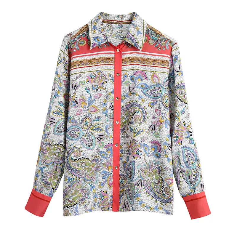 Damesmode Paisley Print losse gezellige blouses Vintage lange mouwen Button-up vrouwelijke shirts Blusas chique tops 210430