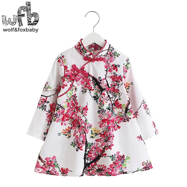 Robe cheongsam à manches longues pour filles de 2 à 8 ans, printemps, automne, été, impression Q0716