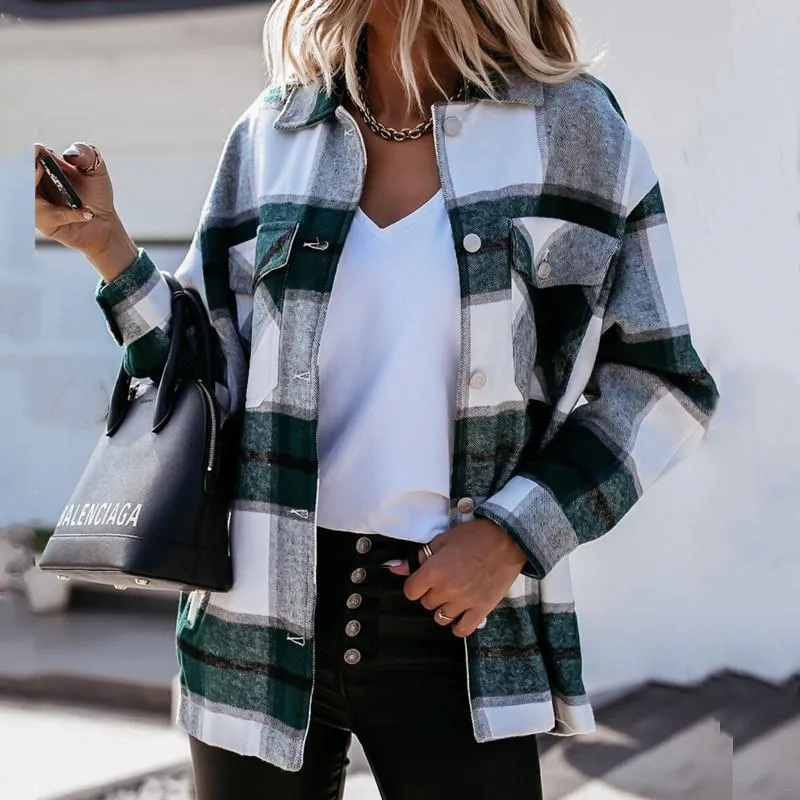 Vintage estilo inglés Plaid estampado mujer camisa chaqueta manga larga botón Casual otoño primavera Streetwear chica Oversize Chic abrigos mujer Jac