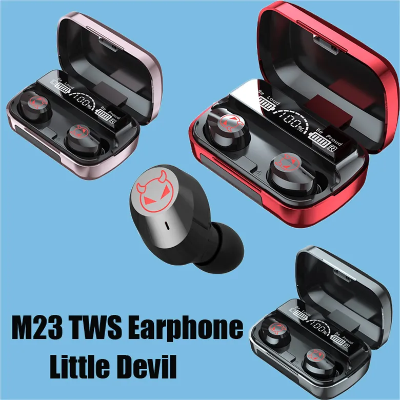 Trådlös M23 TWS Little Devil Hörlurar Vattentät Earbuds Buller Avbrytande LED Display Gaming Headset med Power Bank Bass Sound Sports Headphone