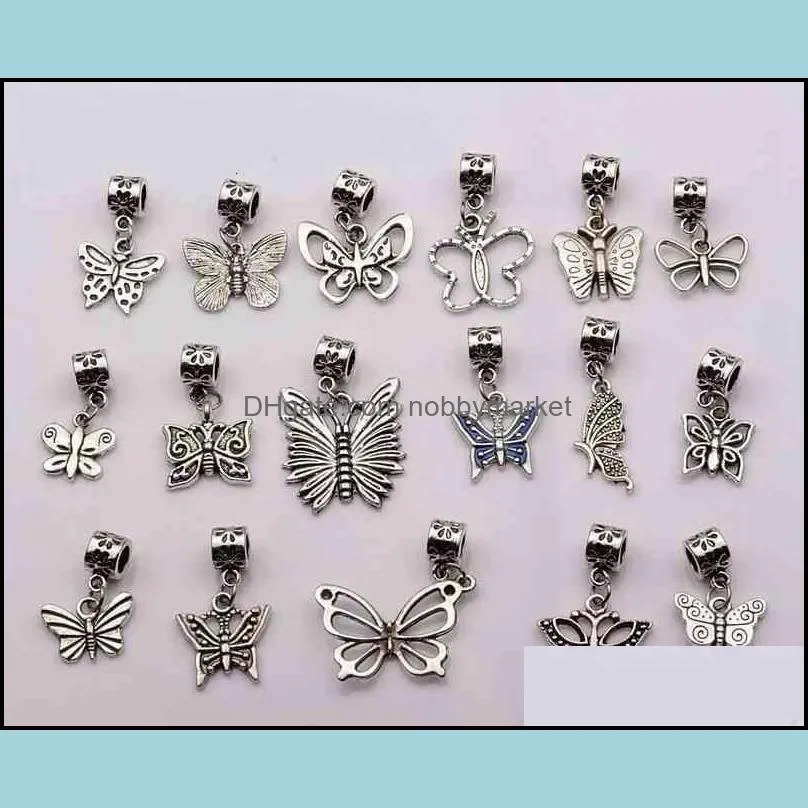 Brand Jewelry Findings better Sale ! 102 pcs Antique silver mixed Butterfly Dangle Beads Fit European Charm Bracelet 17- style (p20)