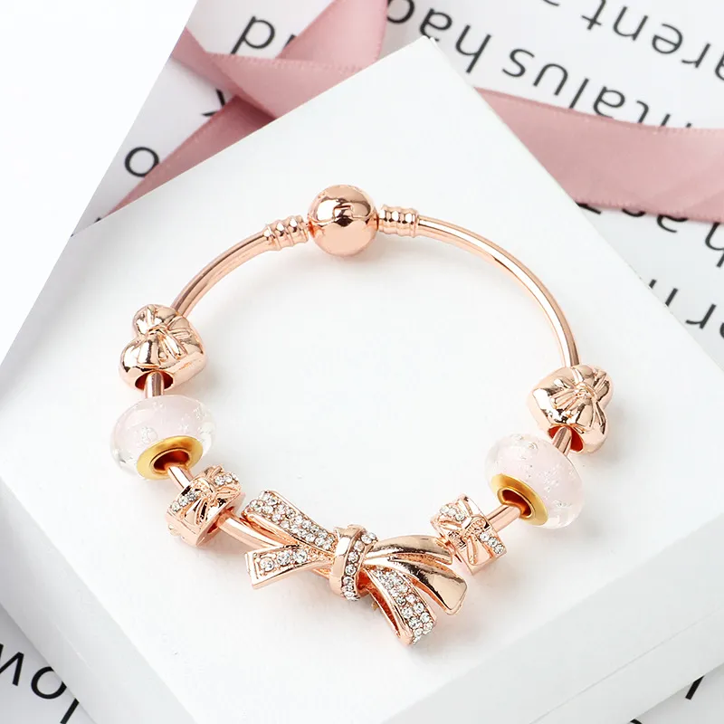 Bracelet à nœud brillant en or rose, brins à la mode, 18-20cm, breloque d'amour, perles de verre, bijoux, vente en gros