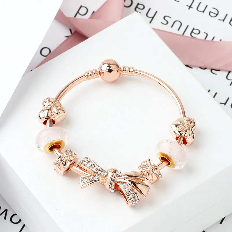 Pandor fashion rose gold shining bow bracelet 18cm 19cm 20cm love charm glass bead jewelry wholesale